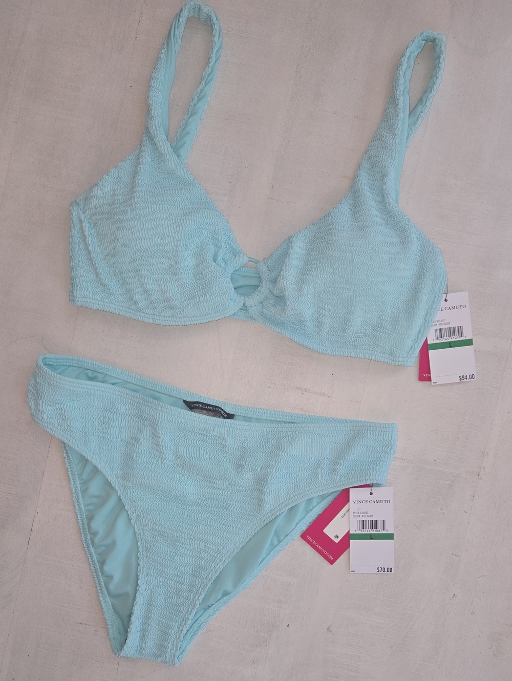 Vince Camuto Oasis Blue O-Ring Textured Bikini Set NWT Large
